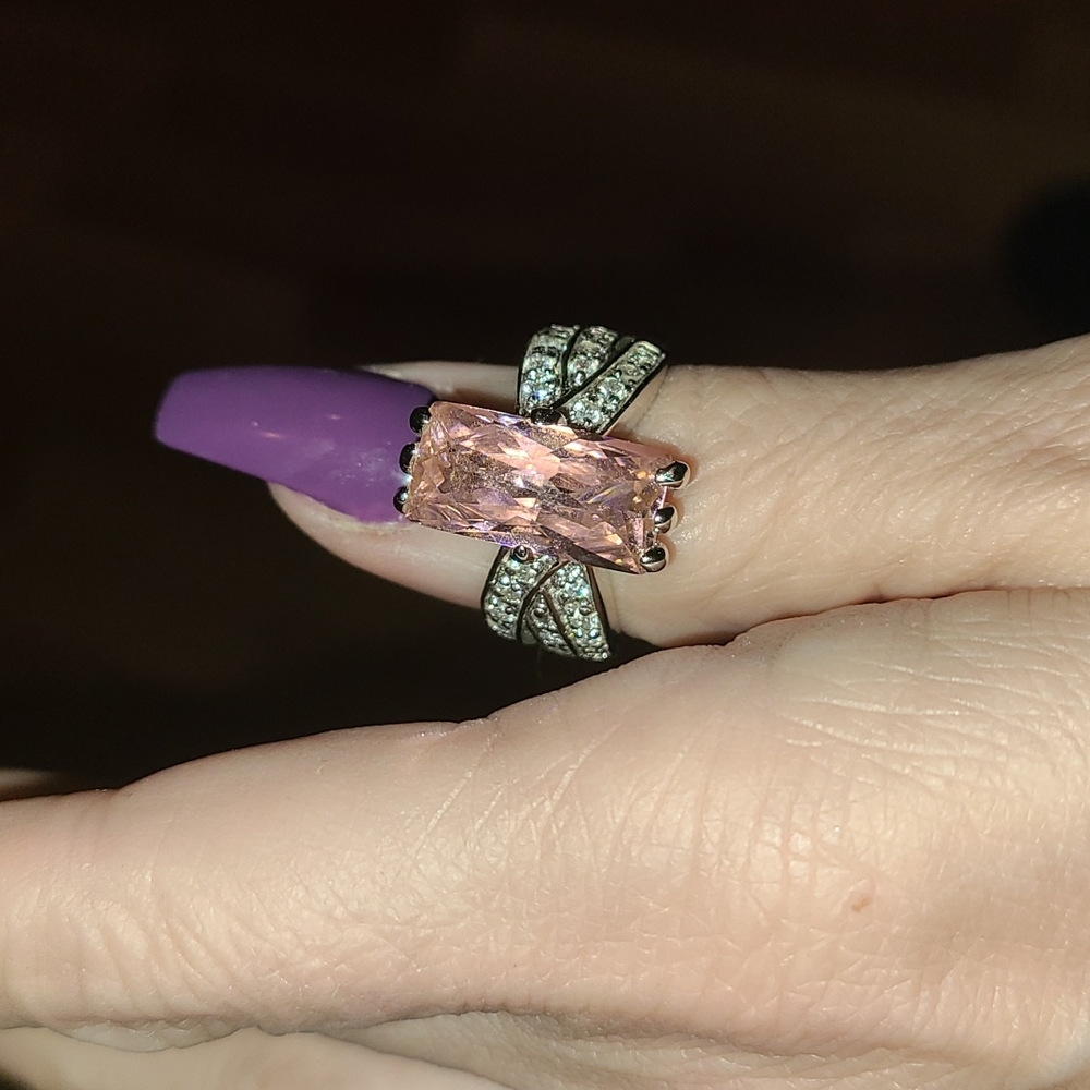 Sterling silver pink rectangle faux diamond ring